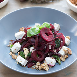 Beetroot Noodle with Feta, Walnuts and Spinach